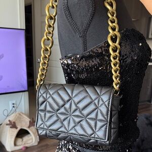 Zara Black Quilted Shoulder Bag with Gold Chain